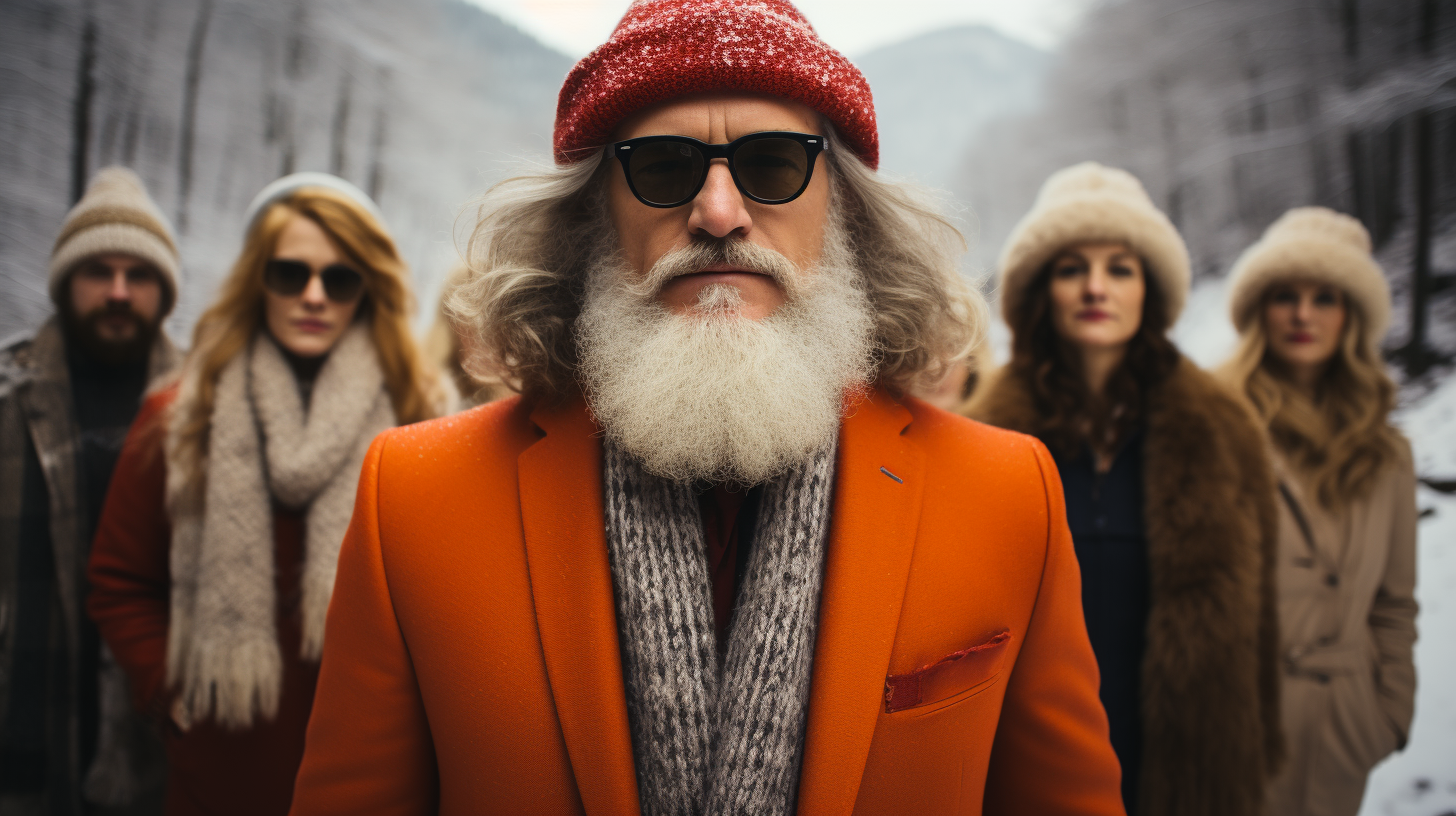 Eccentric characters in Christmas attire on snowy landscape