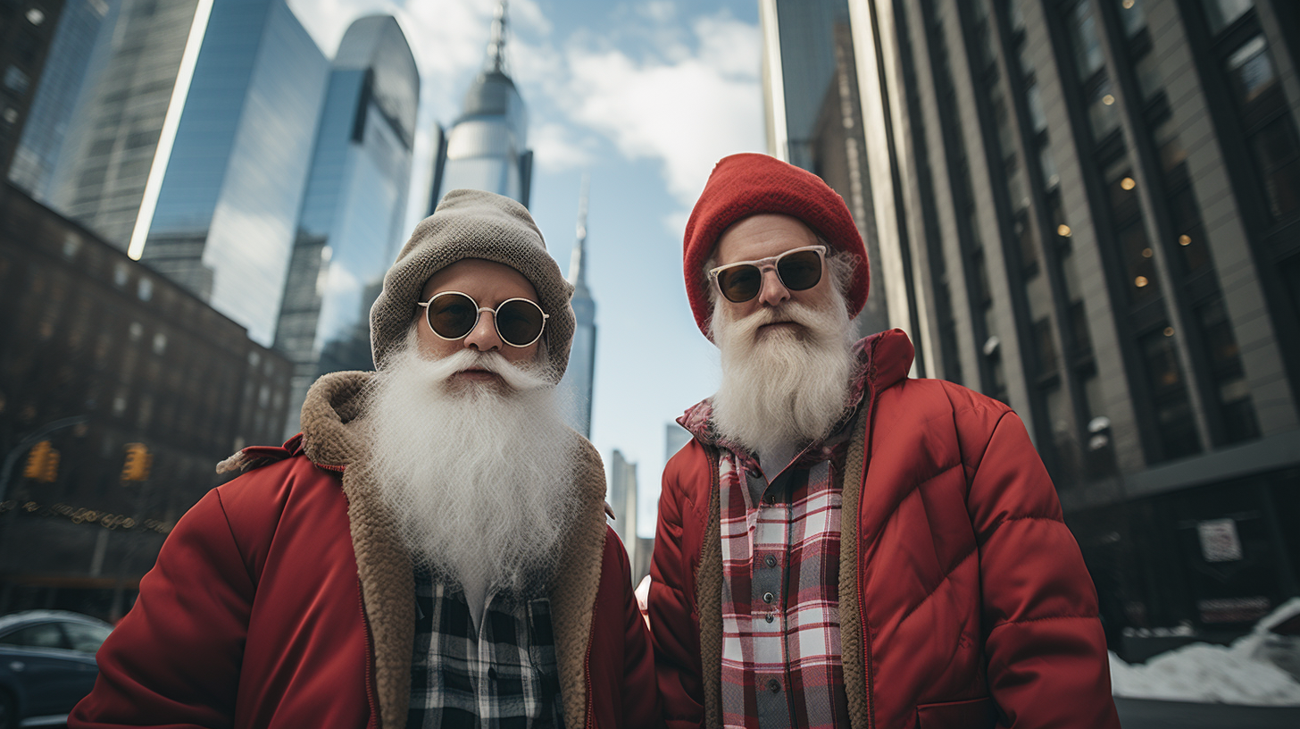 Eccentric characters in festive attire explore snowy New York