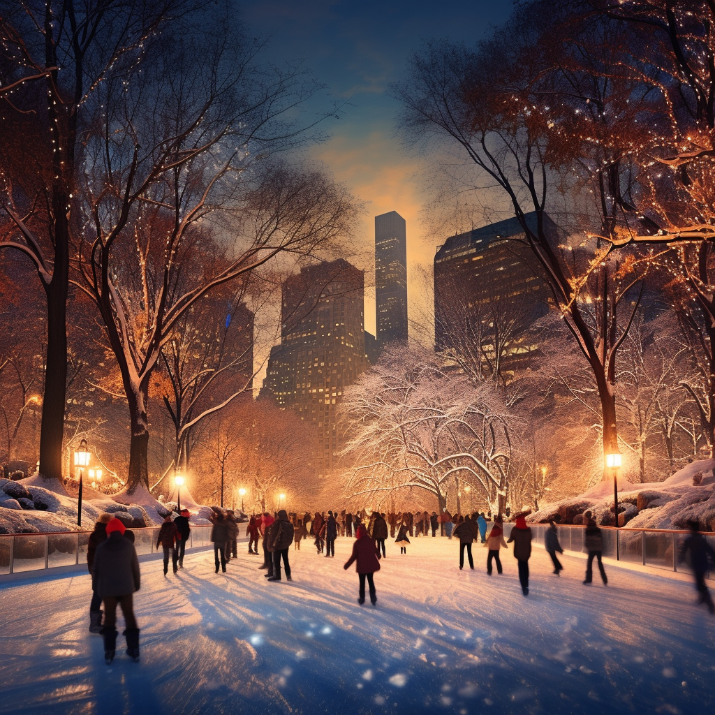 Happy people ice skating in Central Park