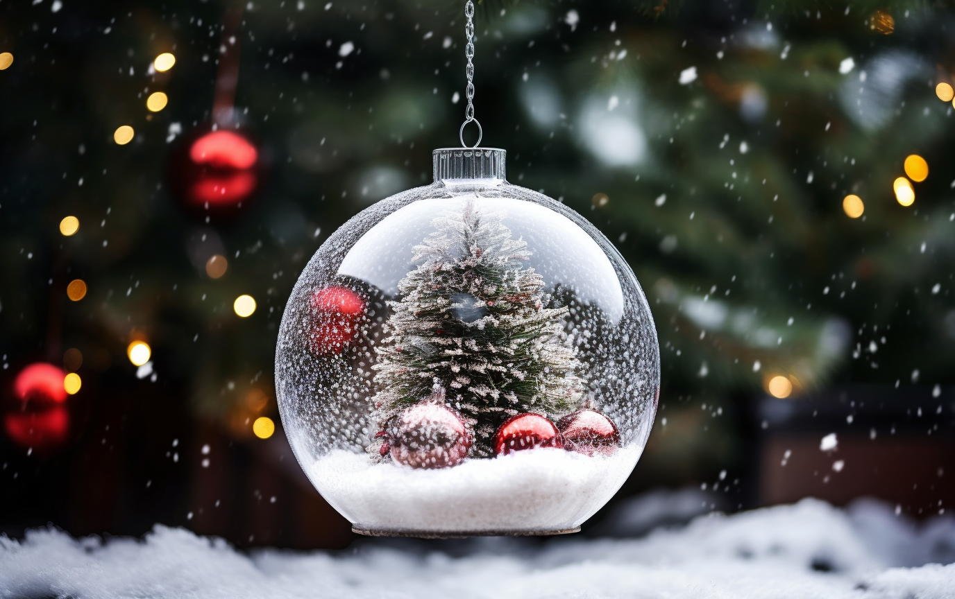 Christmas ornaments and decorations on snowy background