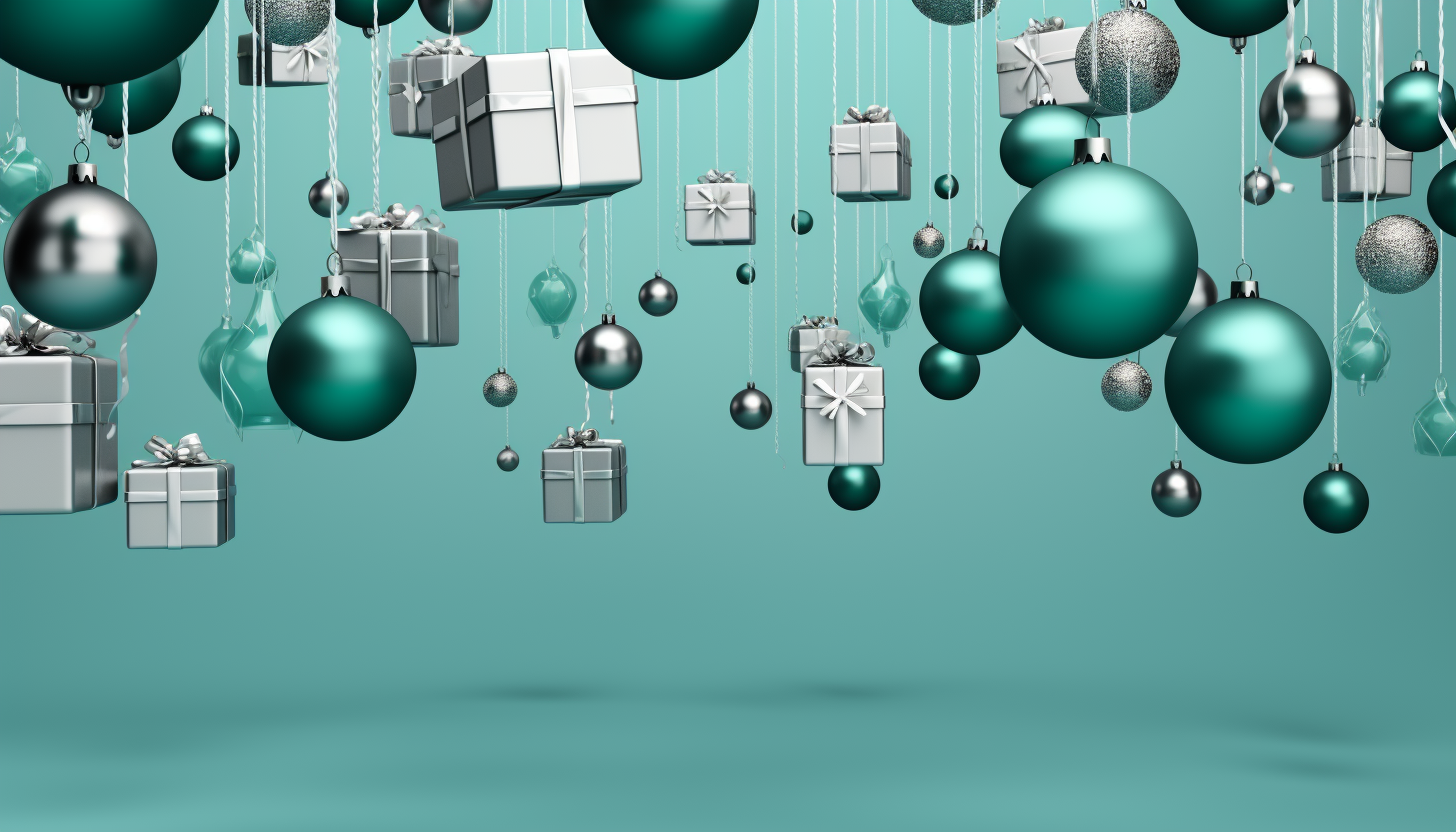 Floating teal and silver Christmas ornaments and gifts