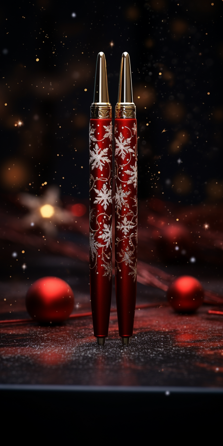 Two festive pens on Christmas background