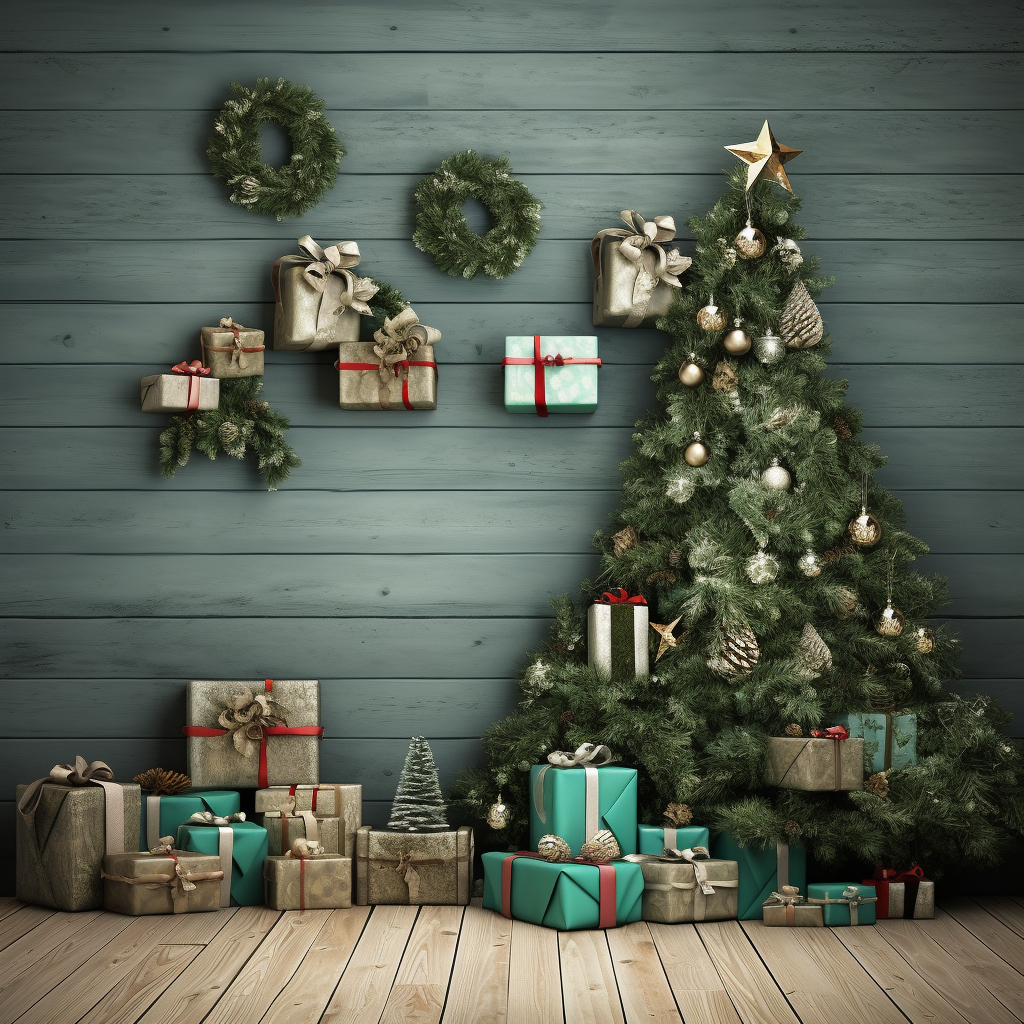 Christmas presents on greenish wood background