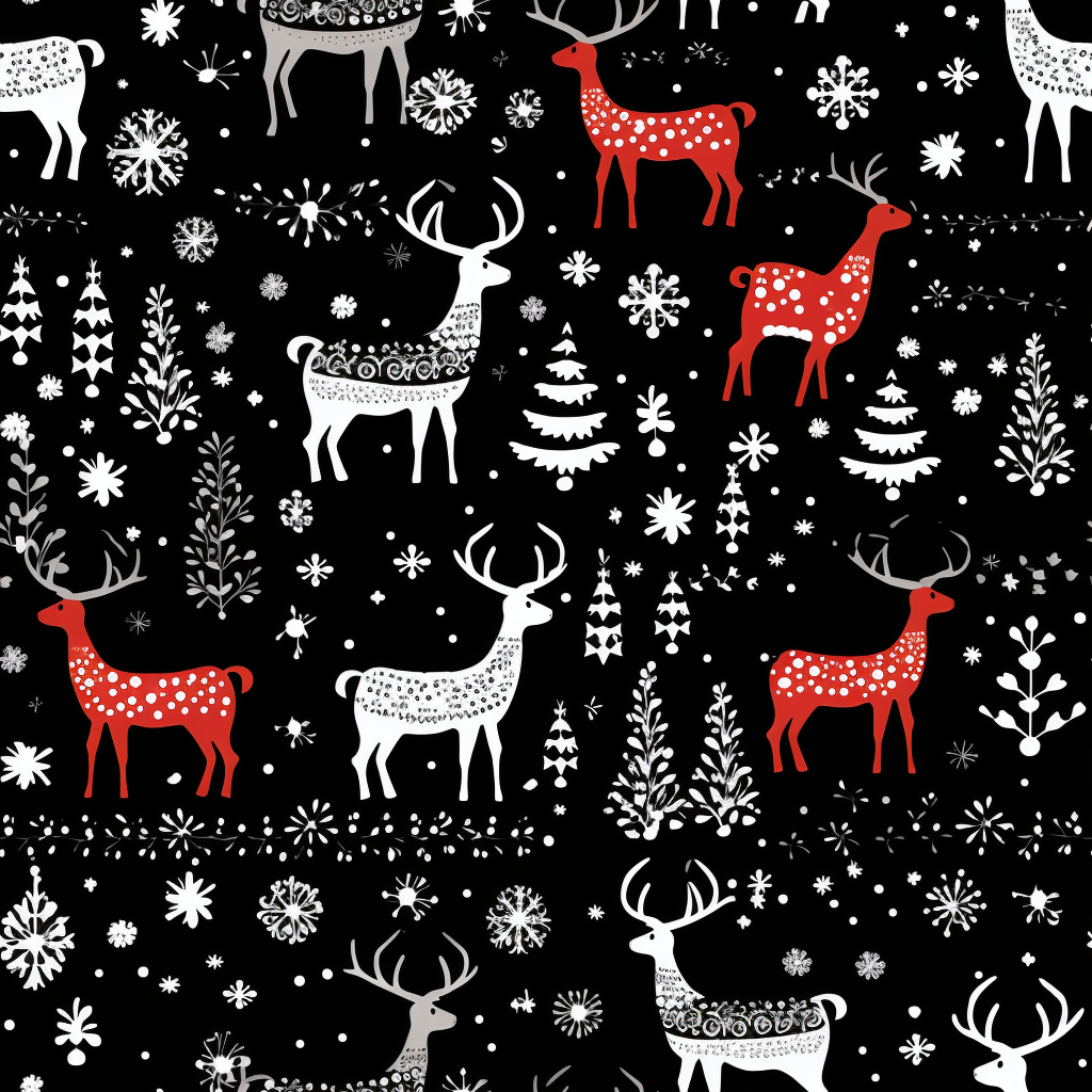 Christmas reindeer and snowflakes on red fabric