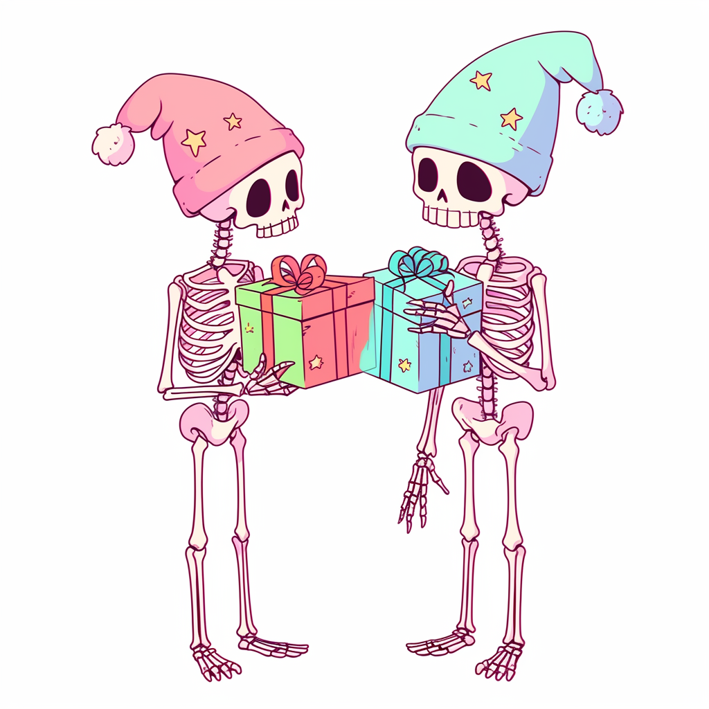 Two cute skeletons exchanging Christmas presents