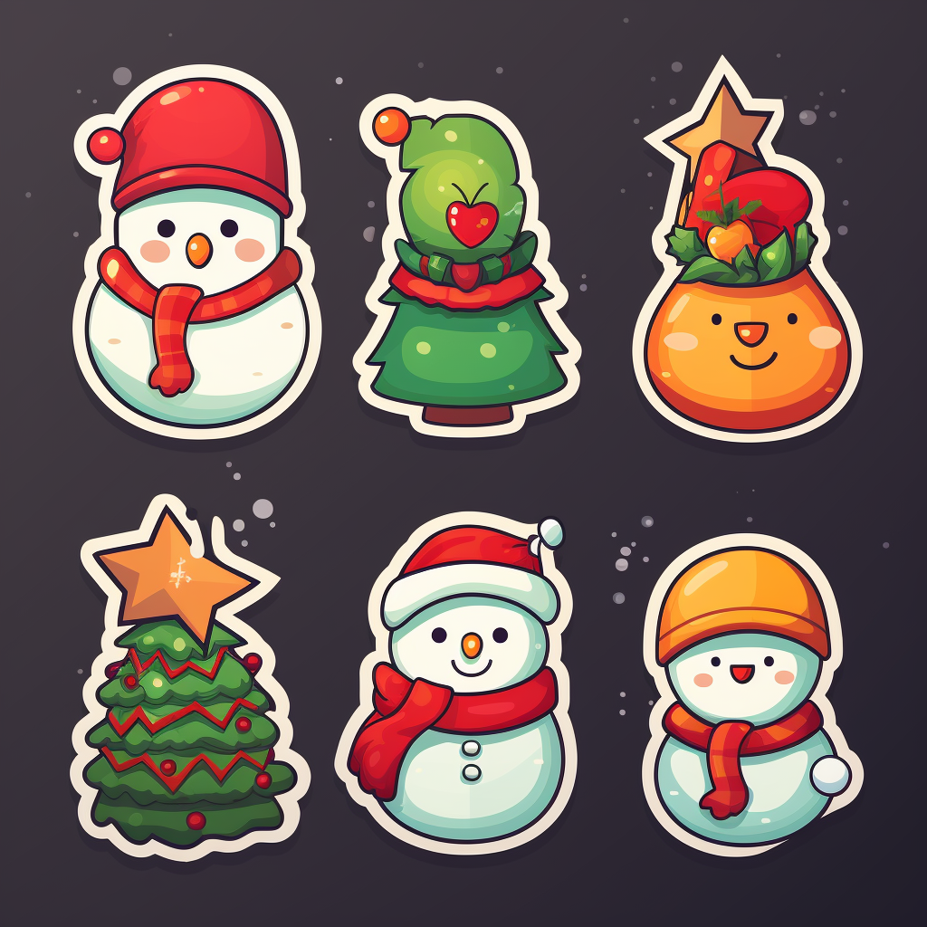 Festive Christmas stickers with snowman, reindeer, Christmas tree, and Santa Claus