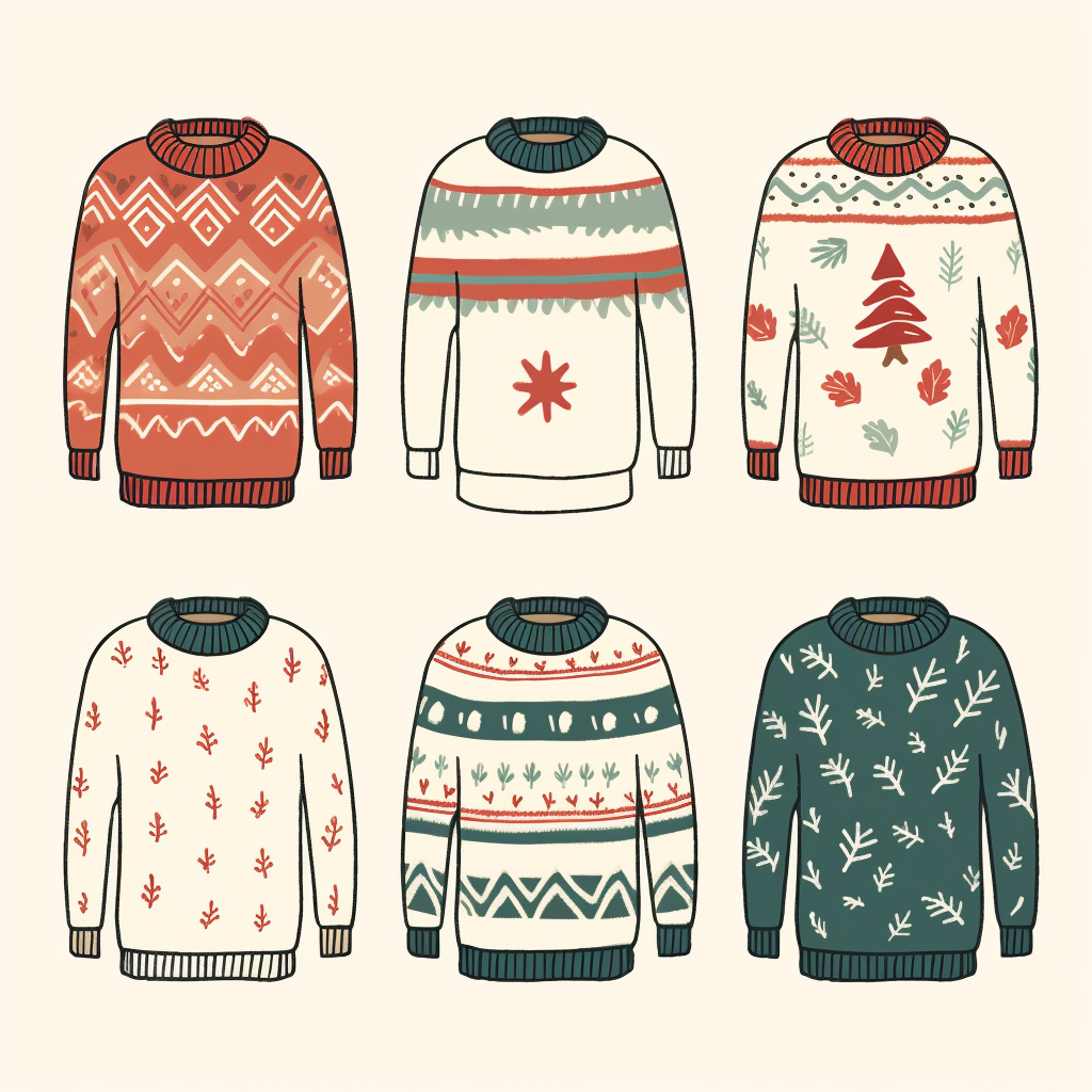 Various festive cartoon Christmas sweaters