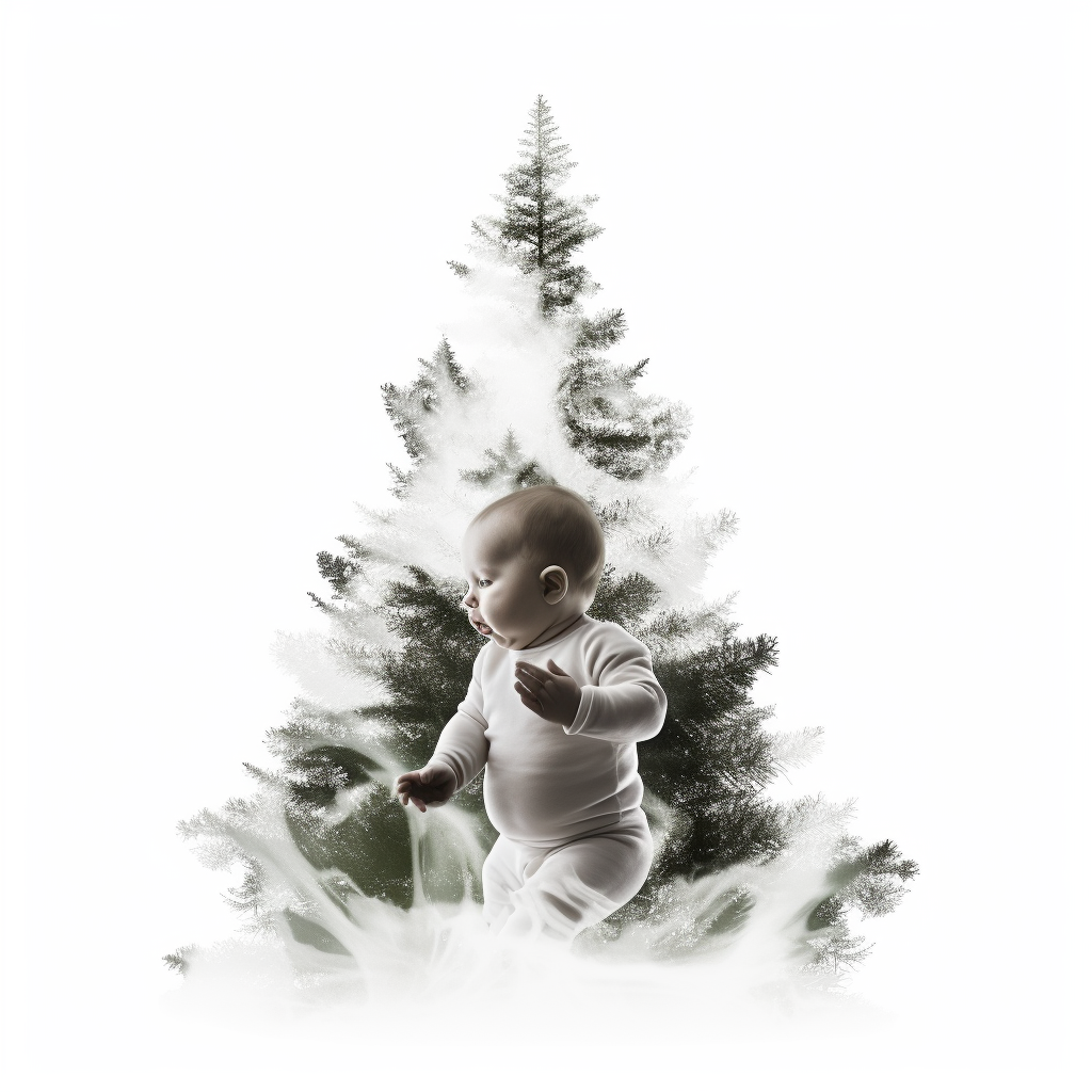 Double exposure of Christmas Tree and baby