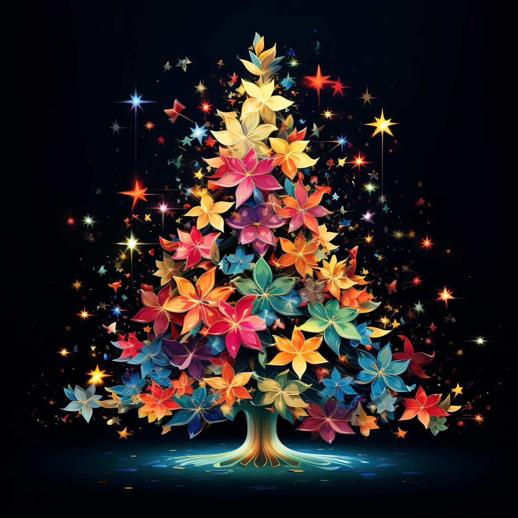 Vibrant Christmas tree with flowers and stars