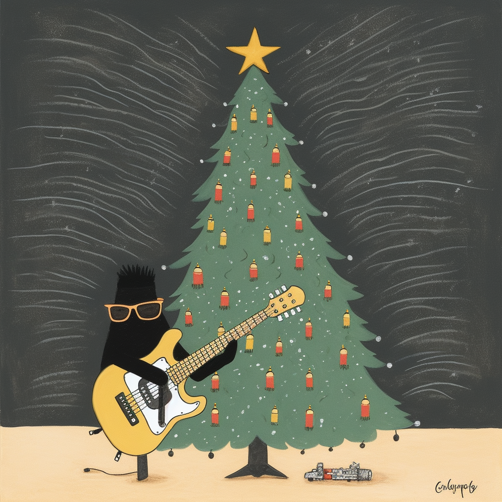 Cartoon Christmas tree playing guitar with sunglasses