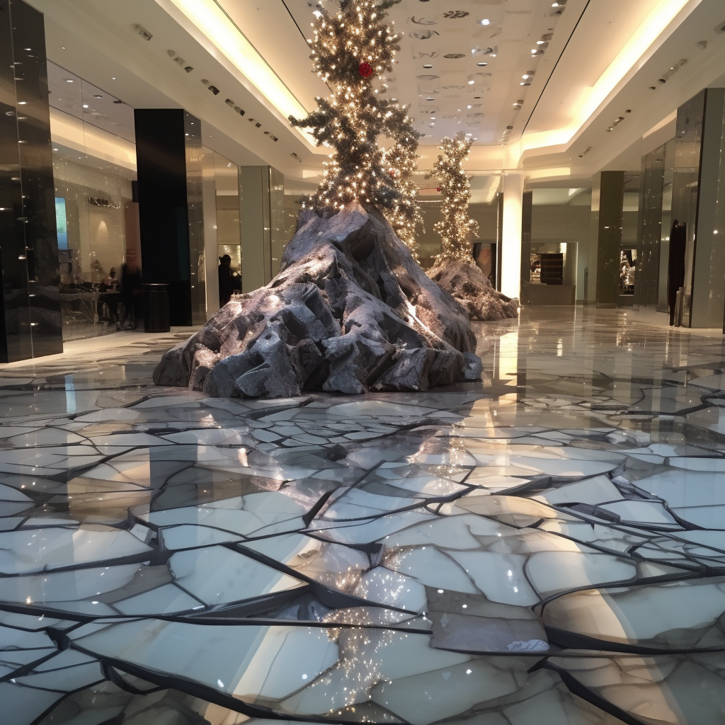 Hyper realistic Christmas tree at fractured mall floor