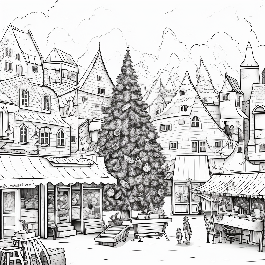 Christmas Tree Market illustration in line work style