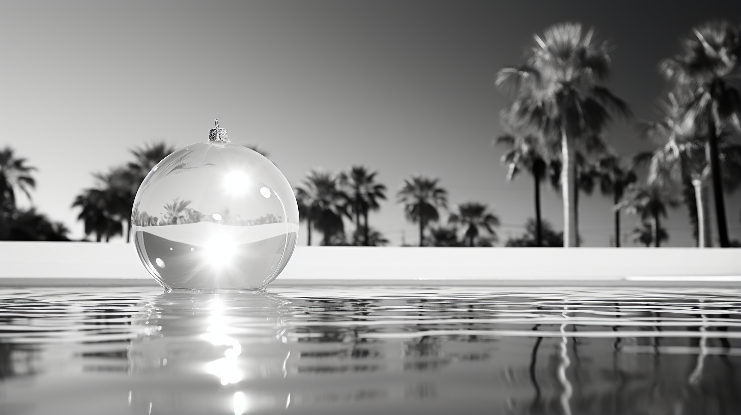 Abstract synthwave Christmas tree by the pool