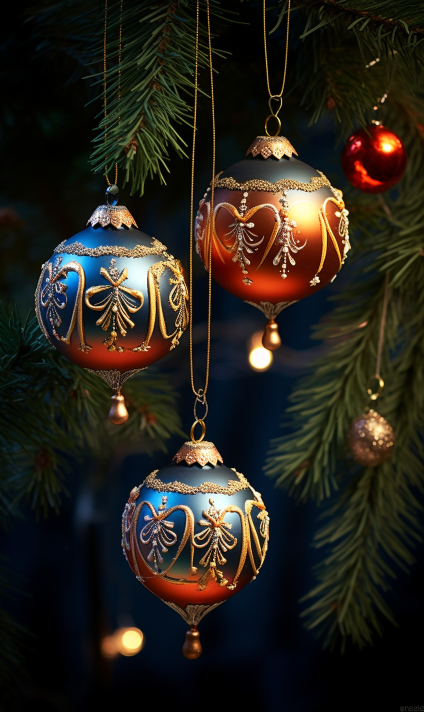 Colorful Christmas tree ornaments sparkling in the light