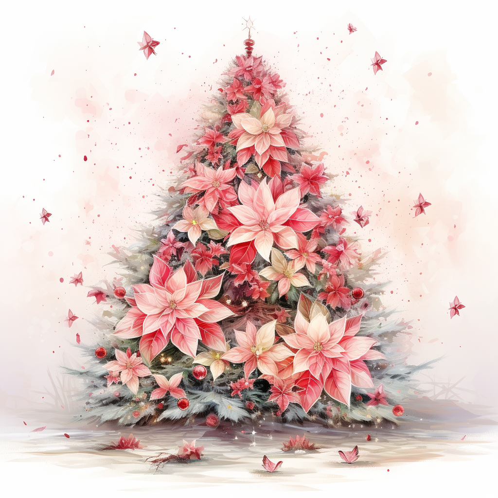 Christmas tree with red flowers and sparkling stars