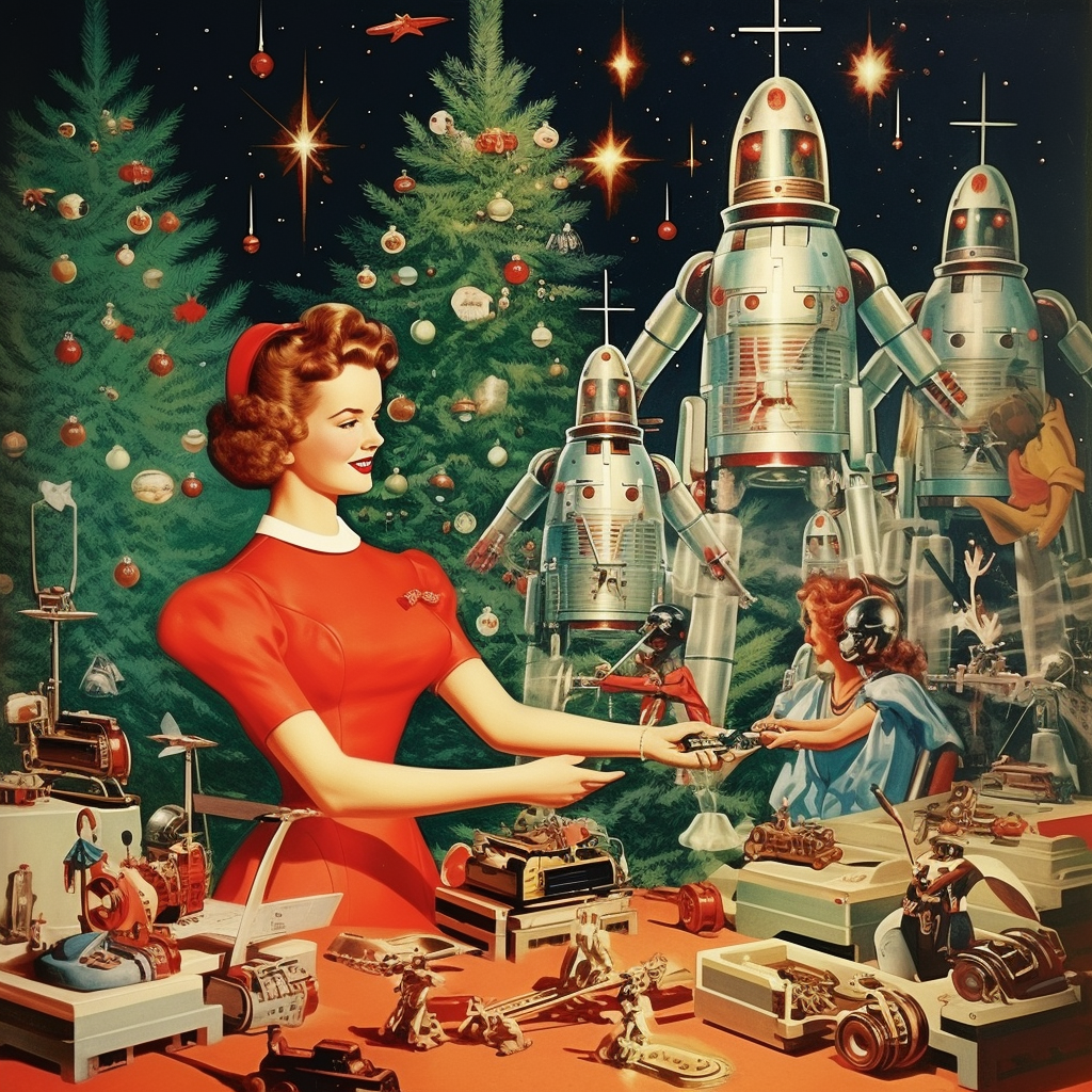 Christmas tree surrounded by retro robots