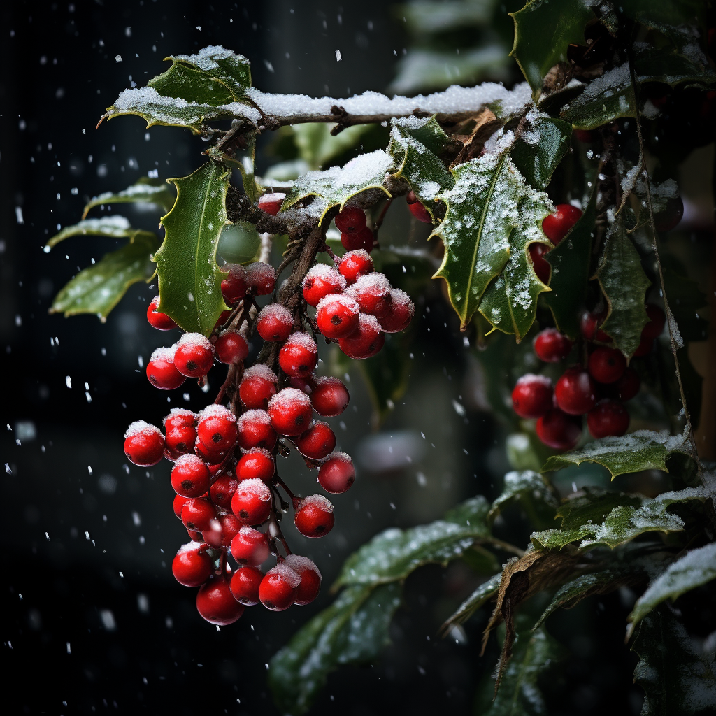 Snowy Christmas tree with holly