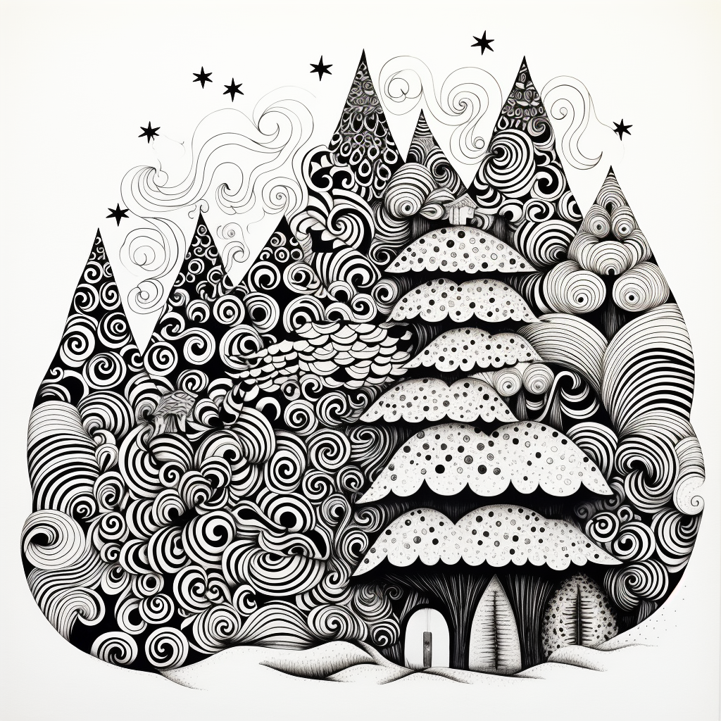 Black and white Christmas tree doodle art