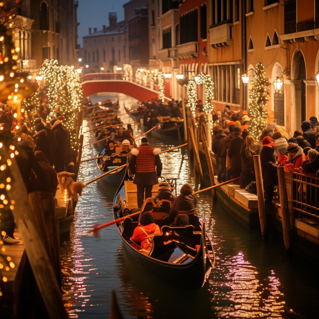 People Celebrating Christmas in Festive Venice Gondola