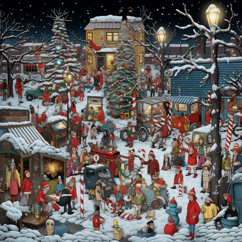 Waldo hiding in Christmas scene