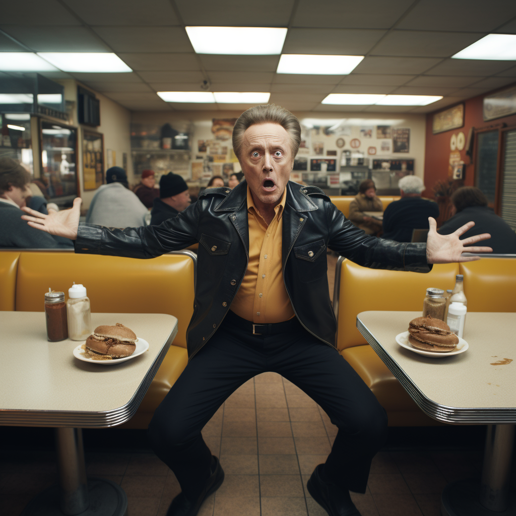 Overhead view of Christopher Walken freaking out at Waffle House