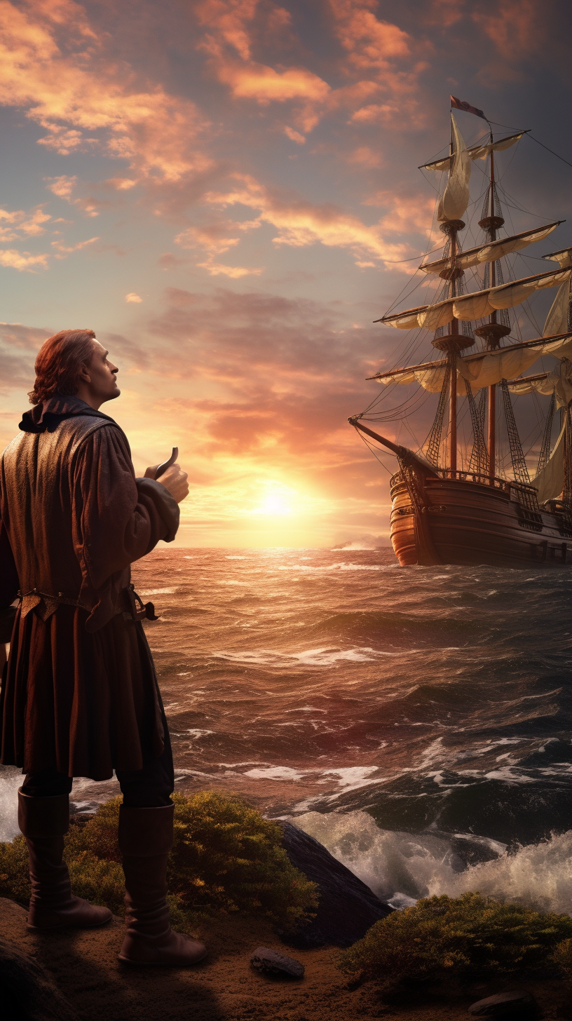 Christopher Columbus observing land from his caravela