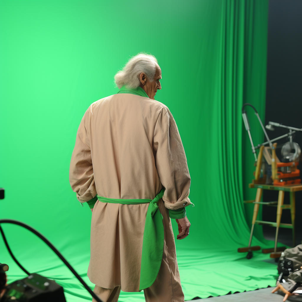 Christopher Lloyd as Doc Brown in front of green screen