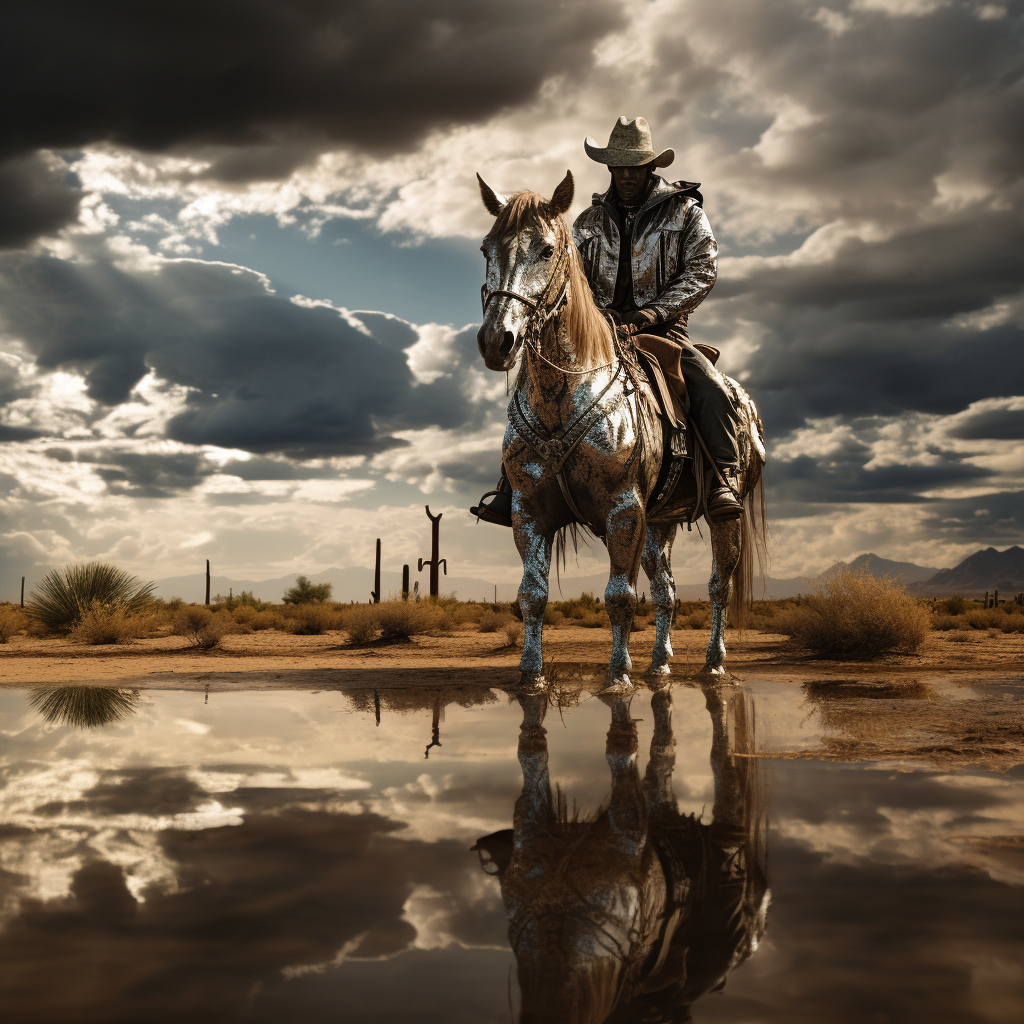 Chrome Cowboy on Horse in Desert