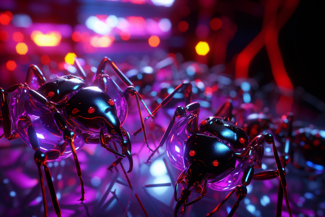 Chrome-plated ants in front of fusion reactor