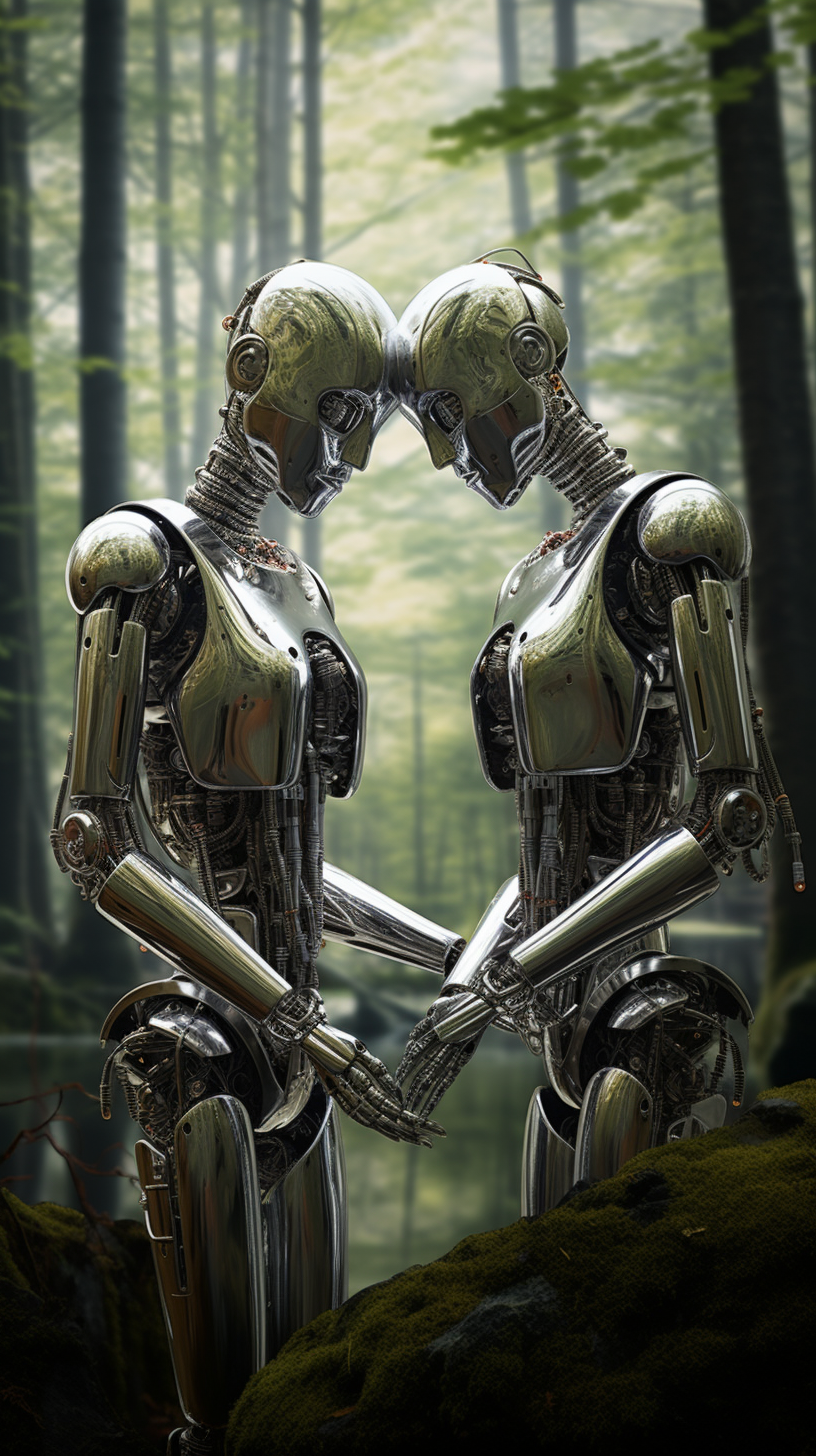 Chrome robots embracing surreal forest