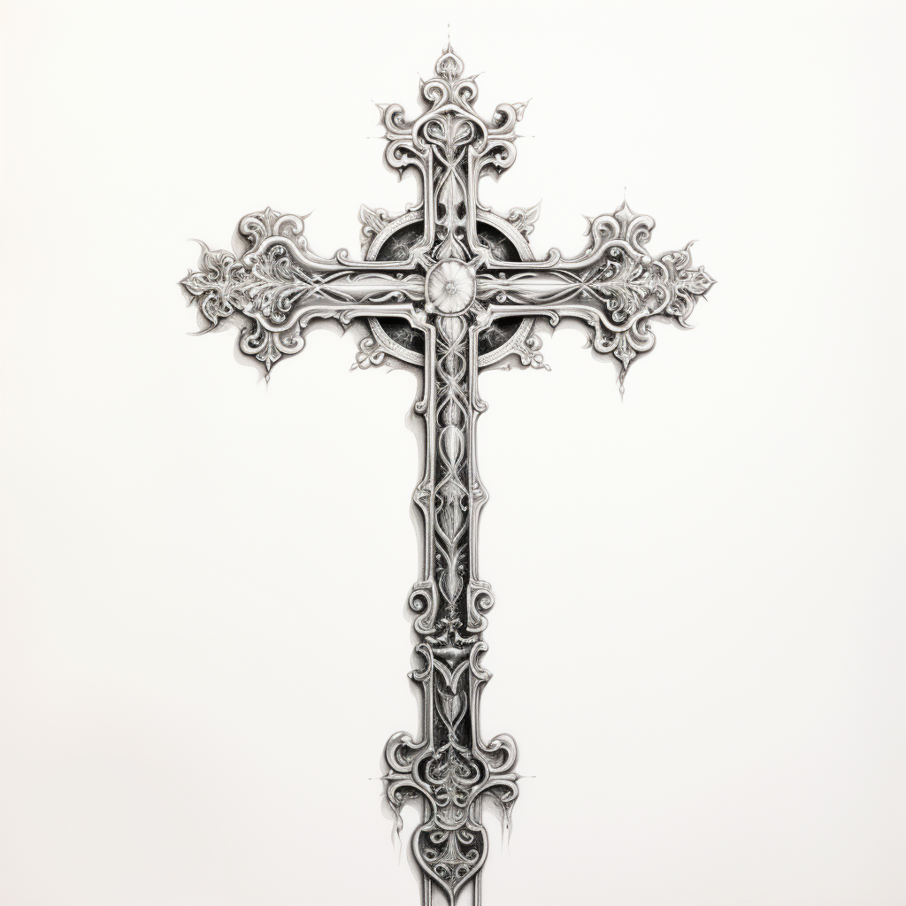 Black and white chrome rosary cross sketch