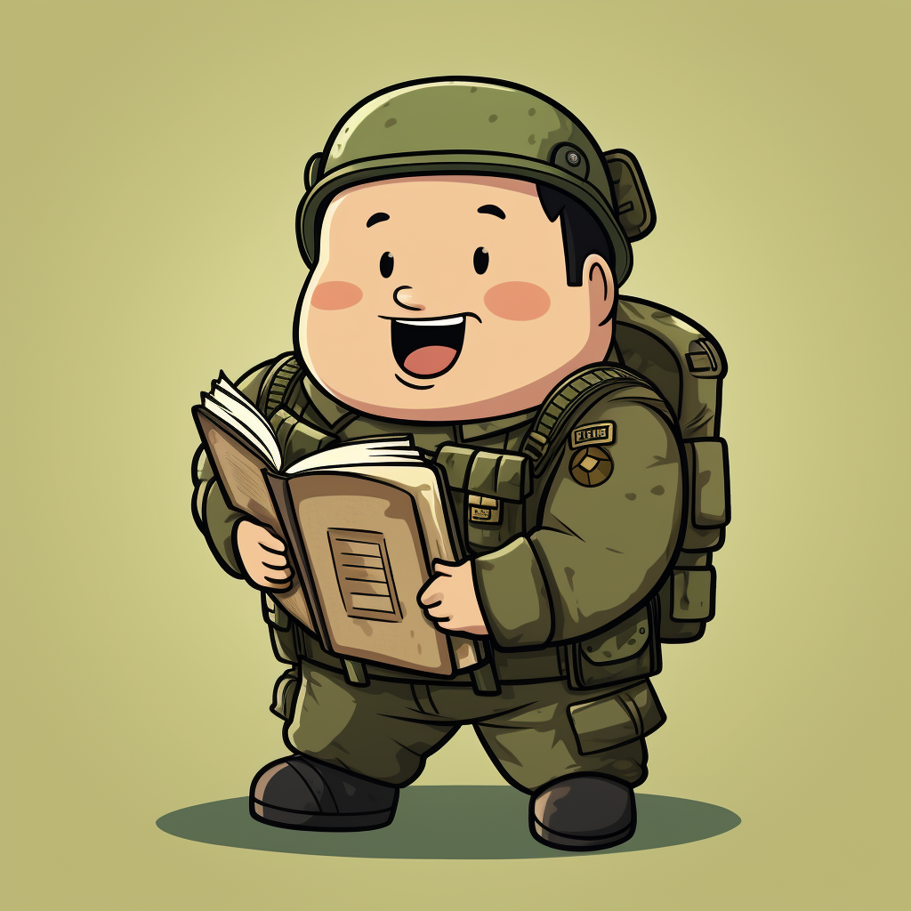 Cute American soldier reading Chinese history book