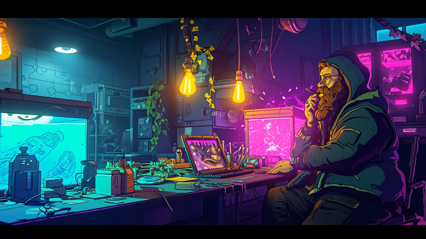 Chubby bearded man smoking in cyberpunk workshop