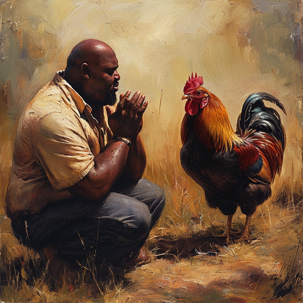 Chubby Black Man Praying Rooster