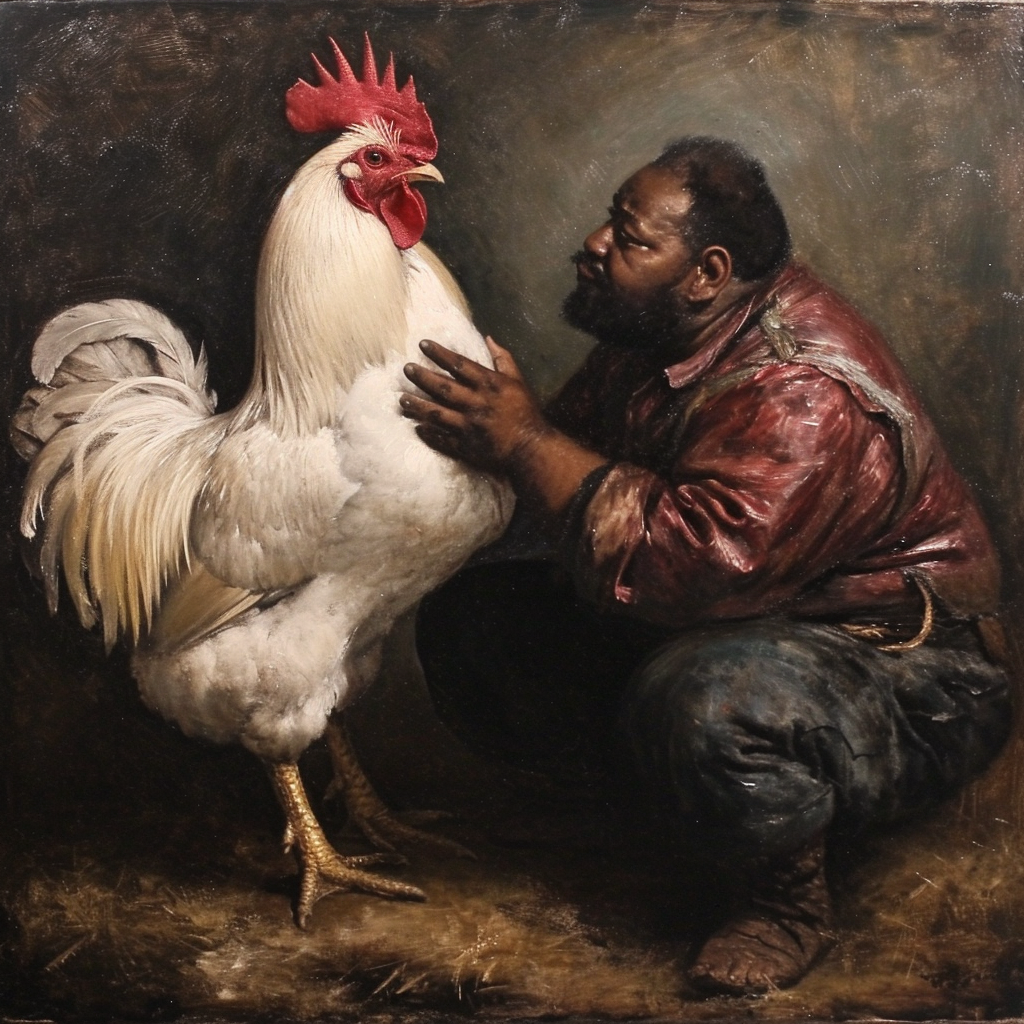 Chubby black man praying to white rooster