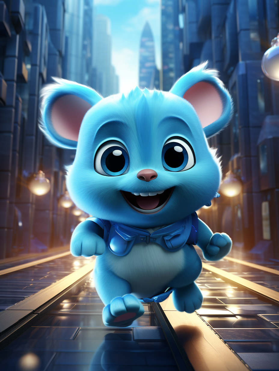 Adorable chubby blue puppy running in futuristic city