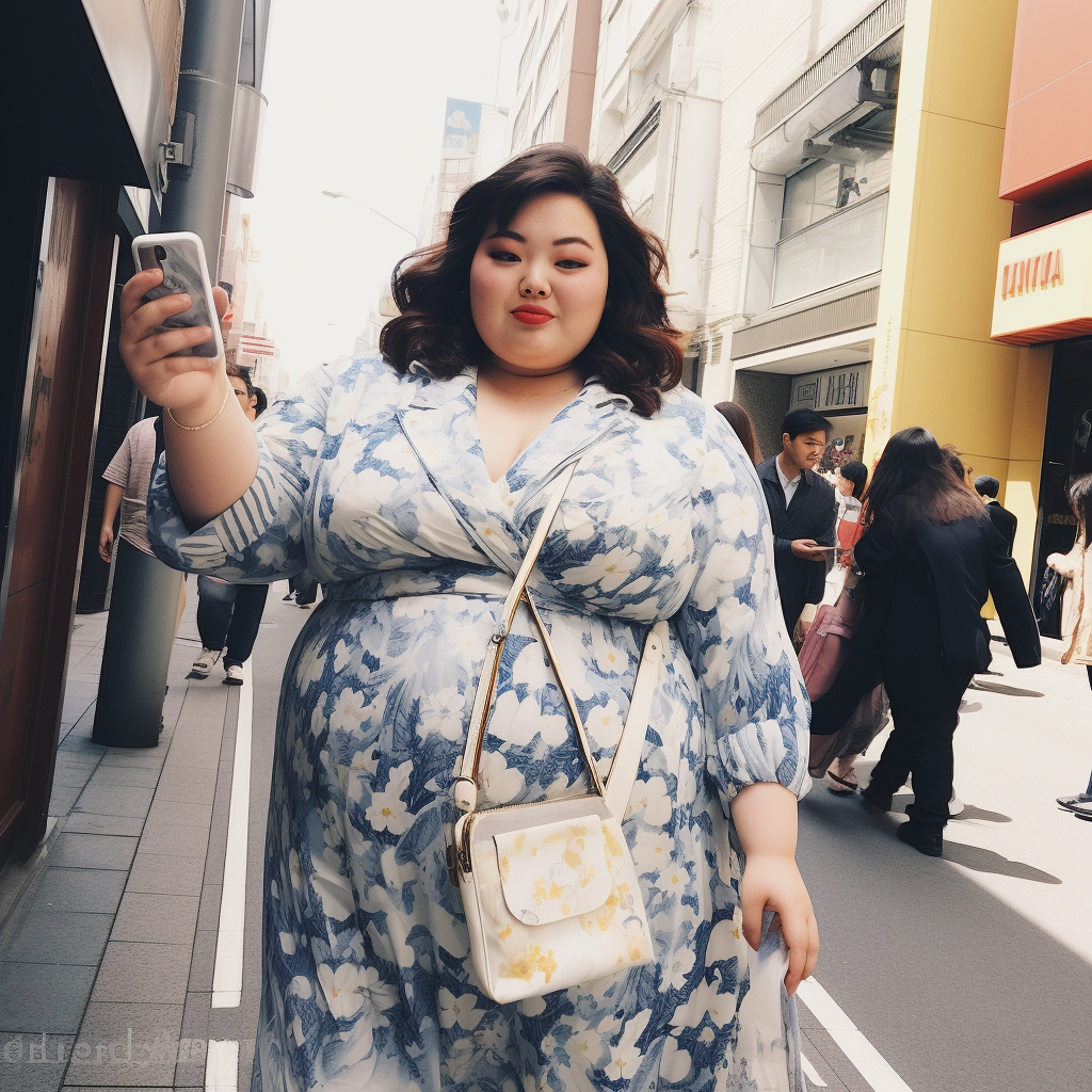 Chubby Japanese girl taking selfie in fashionable city