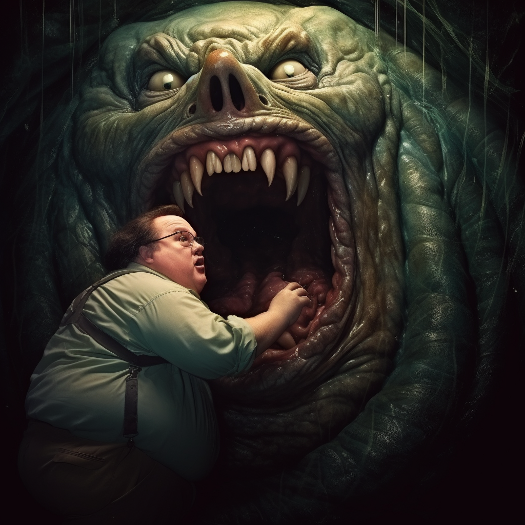 Chubby man trying to escape monster's mouth