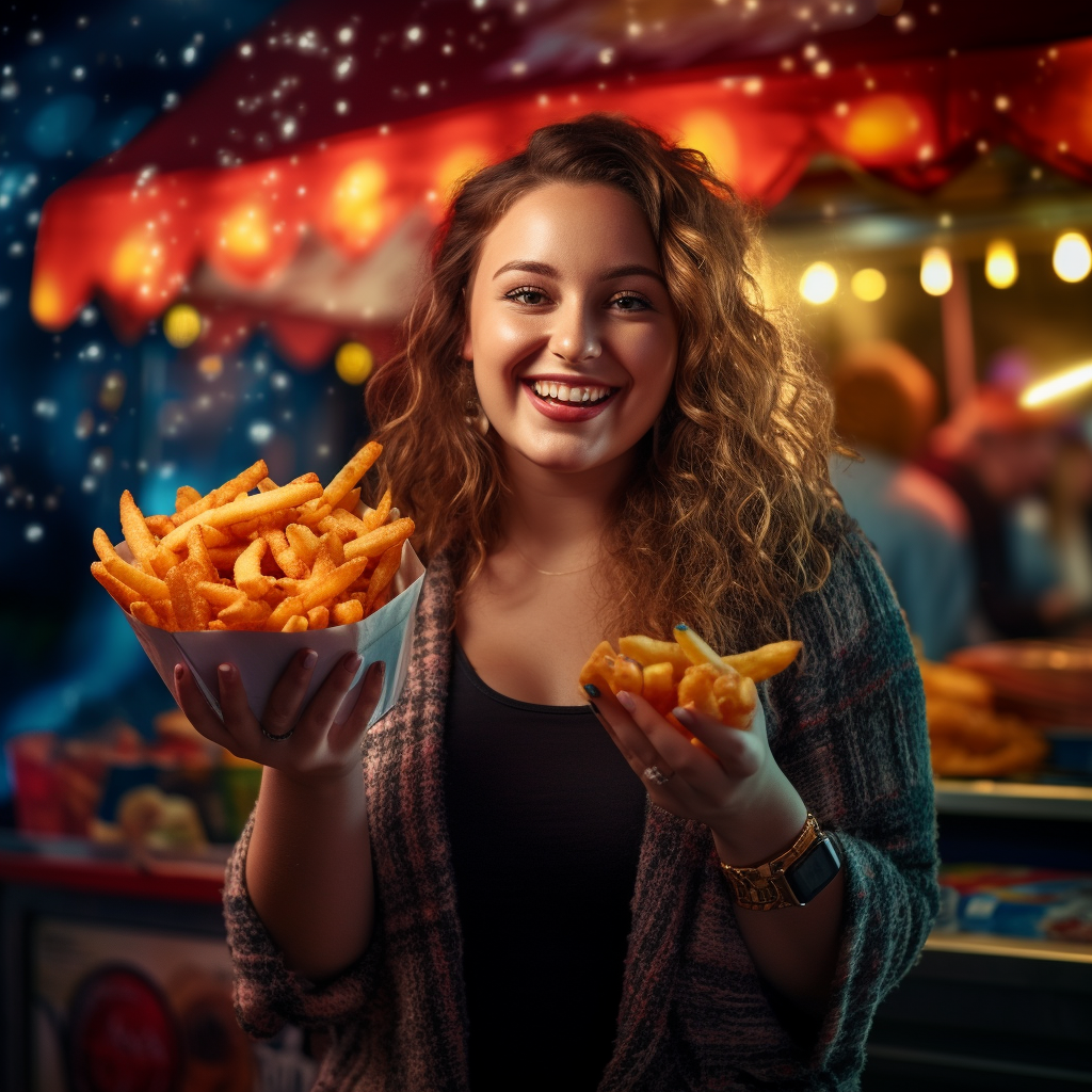 Chubby woman enjoying french fries at a food truck during a carnival night with bokeh lights.