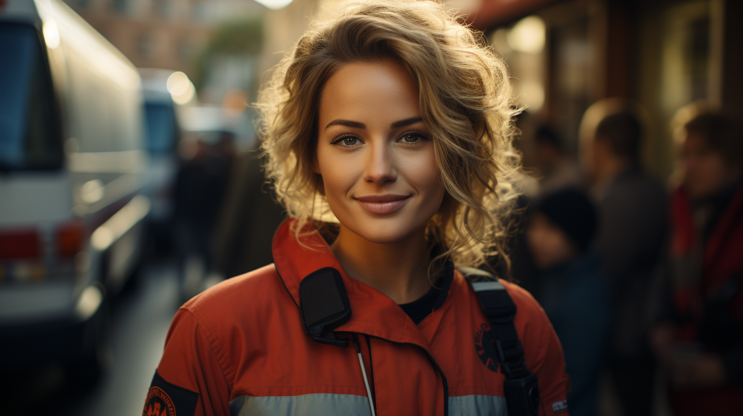 Smiling woman in Red Cross ambulance uniform