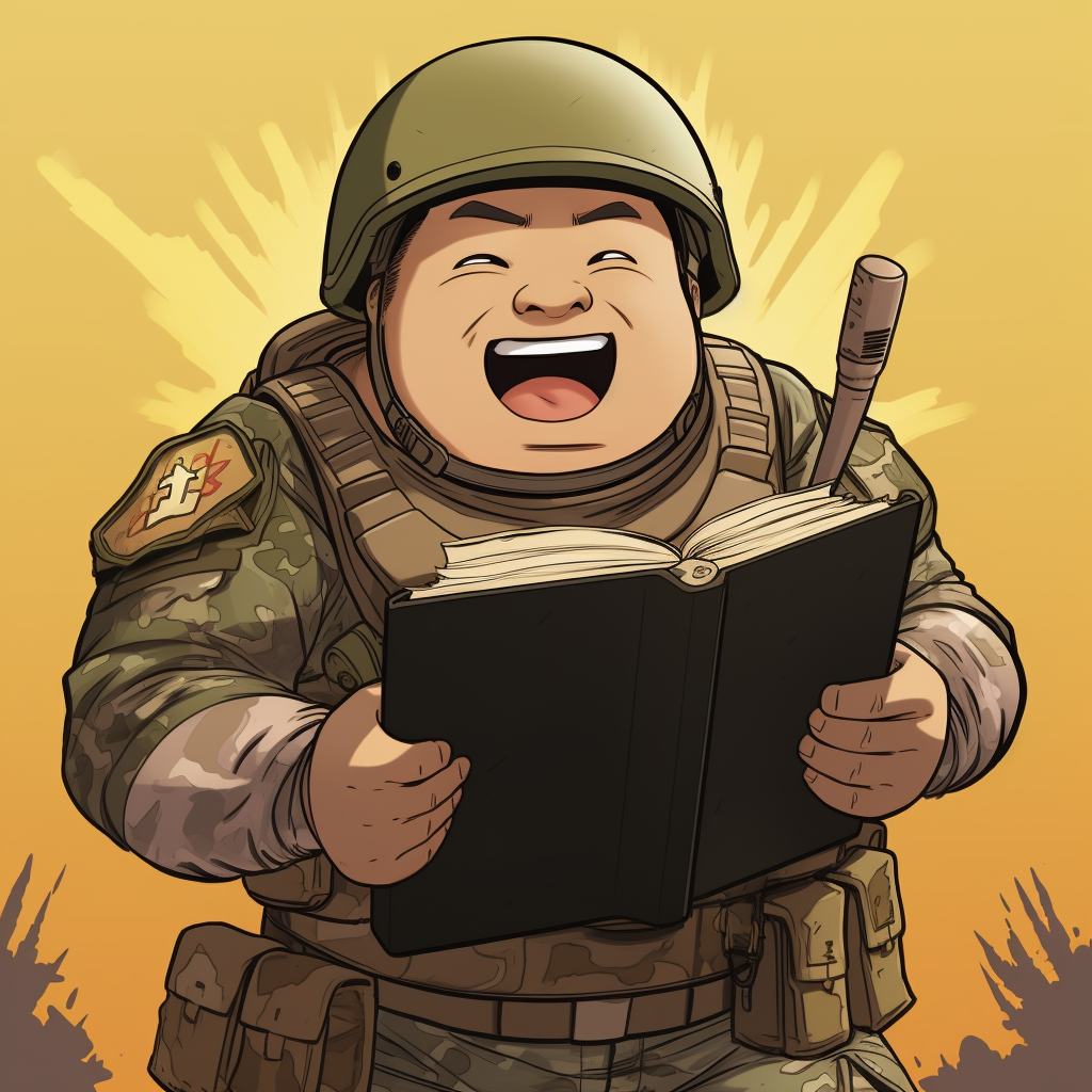 Cute American soldier happily reading Chinese history book