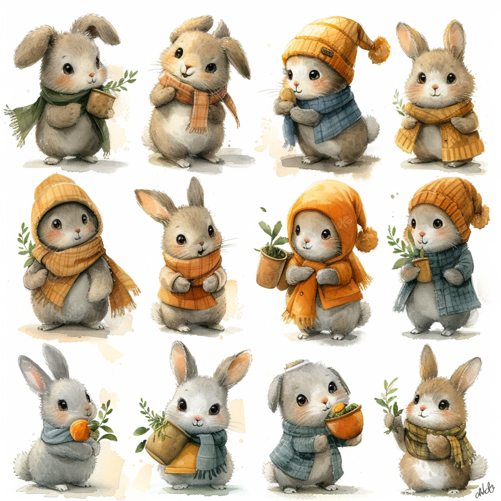 Cute bunny carrying various items