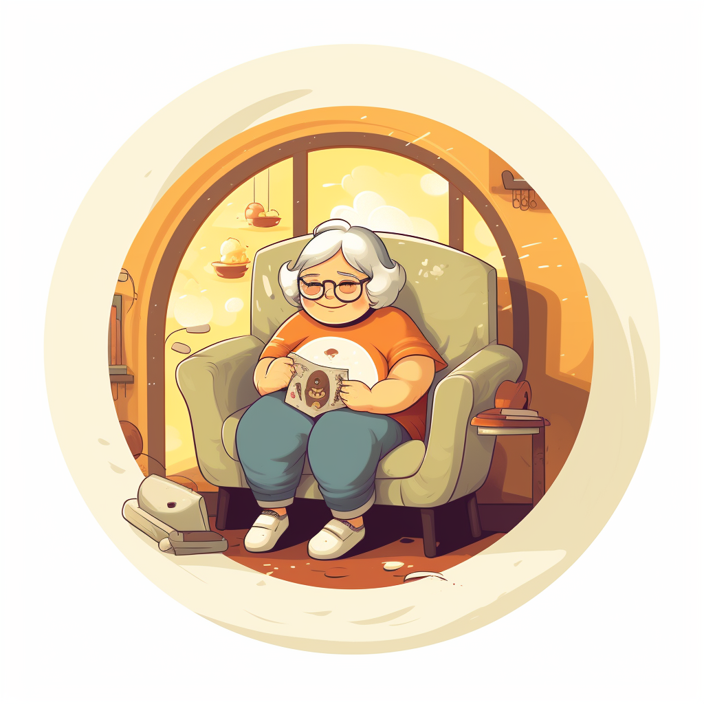 Elderly chubby lady sitting on sofa in clothing store