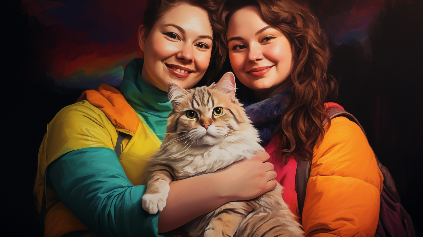 Two chubby lesbians with long furred cat