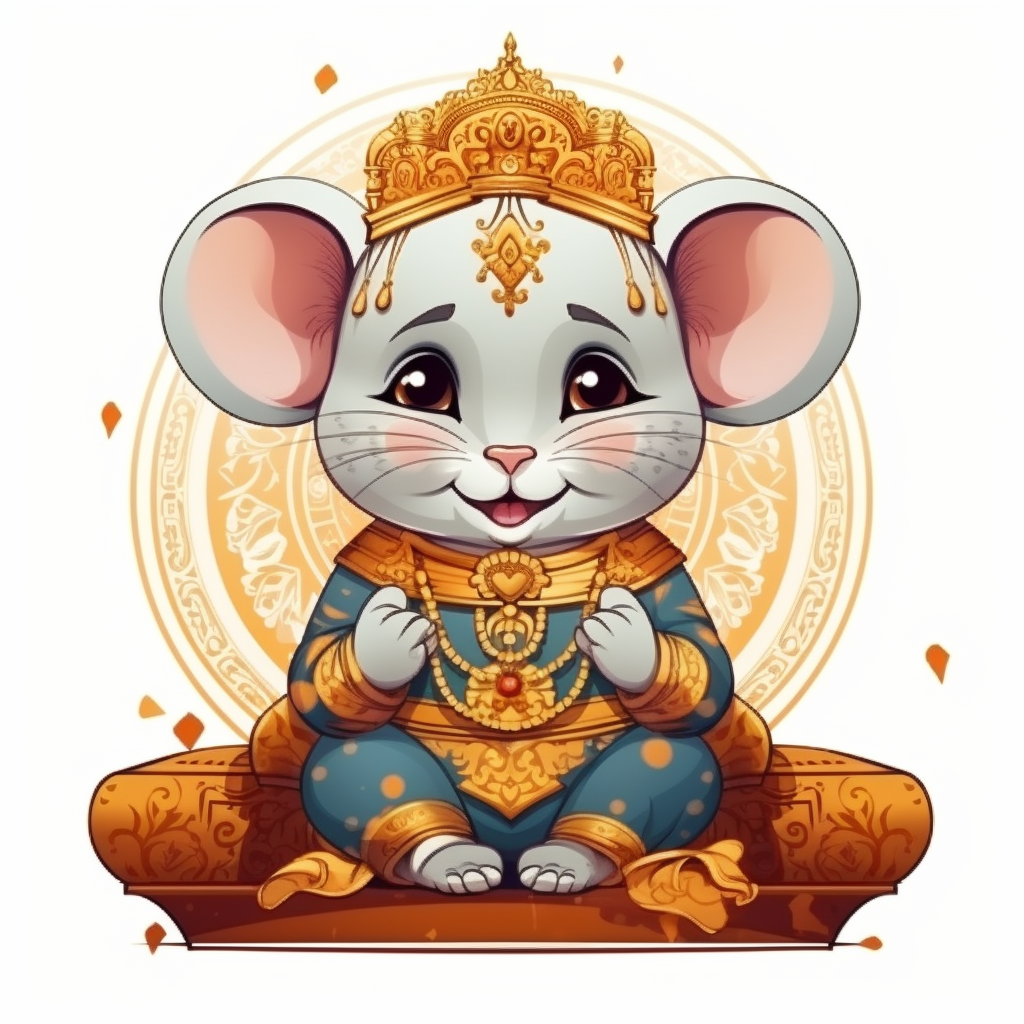 Chubby mouse in Indian ethnic wear sitting on a throne, smirking