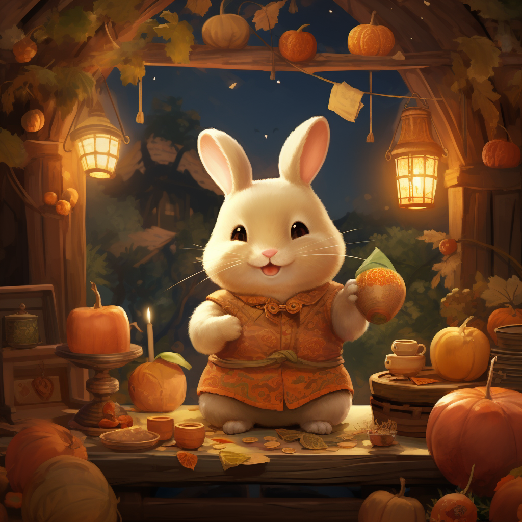 Adorable chubby rabbit in mid-autumn festival