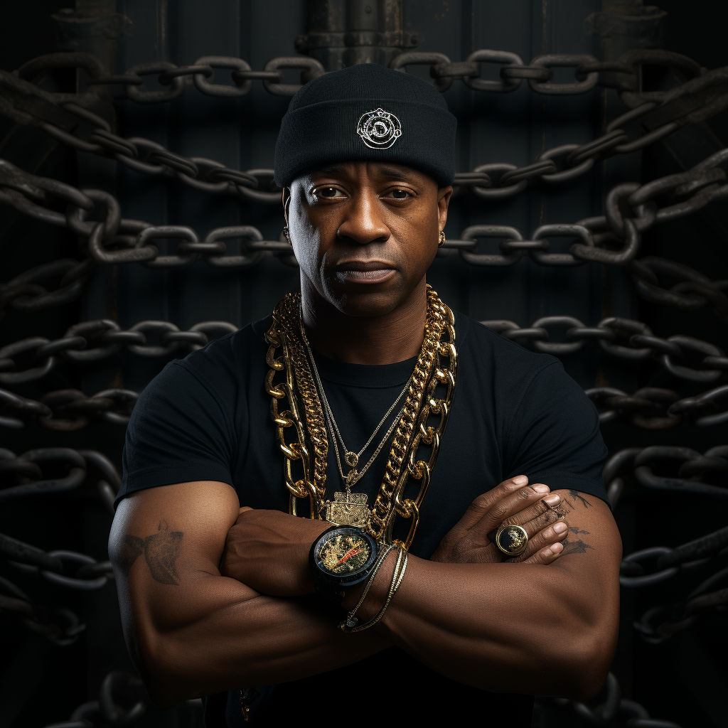 Chuck D wearing tank top and gold chains in Barbieland