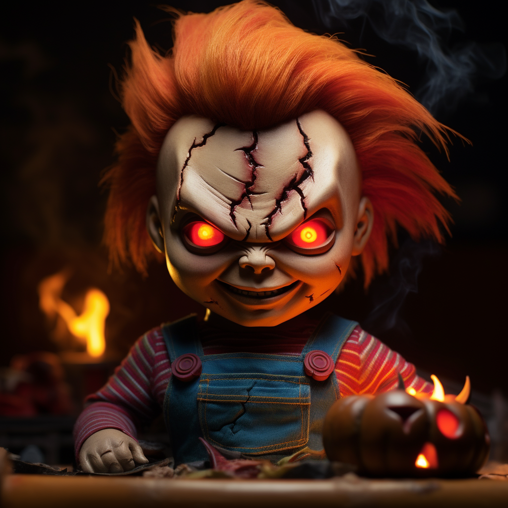 Chucky doll Halloween party with pumpkin