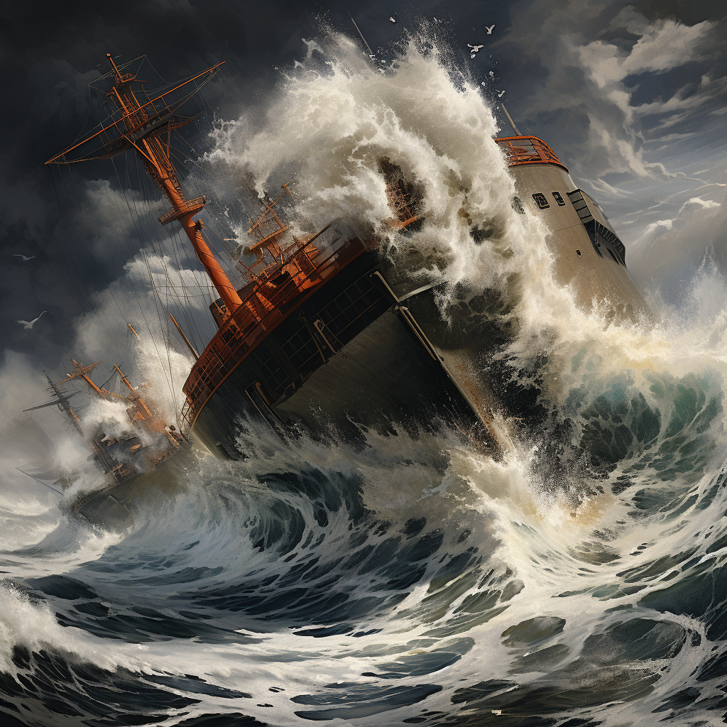 Mighty ship conquering fierce waves