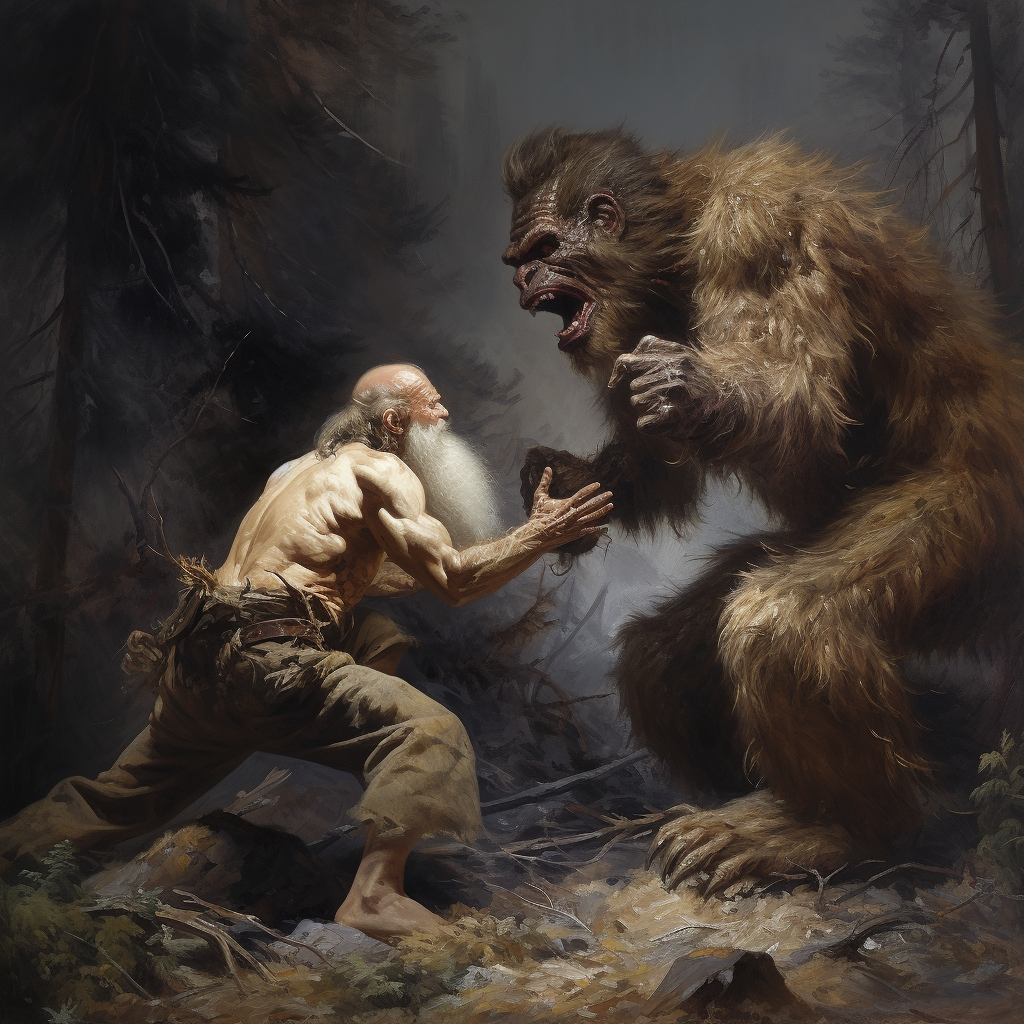 Chupacabra defeating Bigfoot in a fight